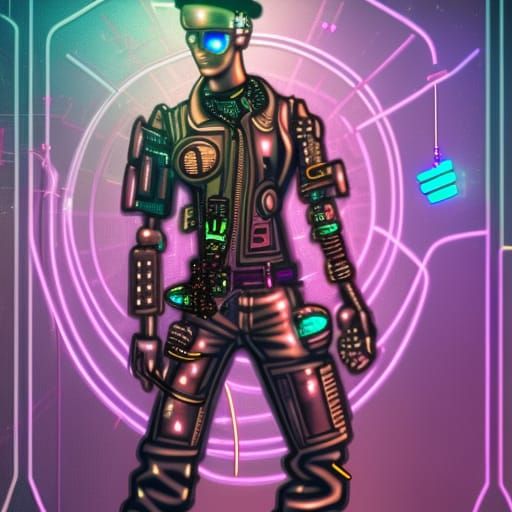 Transmasc Glitterpunk Cyborg in Cyberpunk Cityscape
