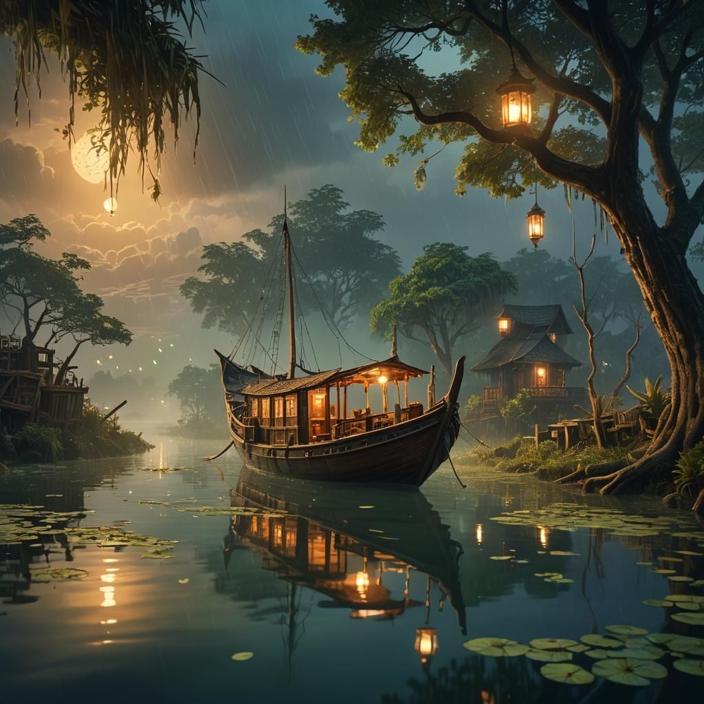 Mystical Boat Sails Misty Backwaters: Fantasy Concept Art