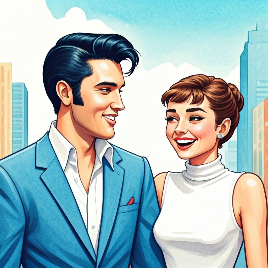 Elvis and Audrey on Hollywood Boulevard: Watercolor