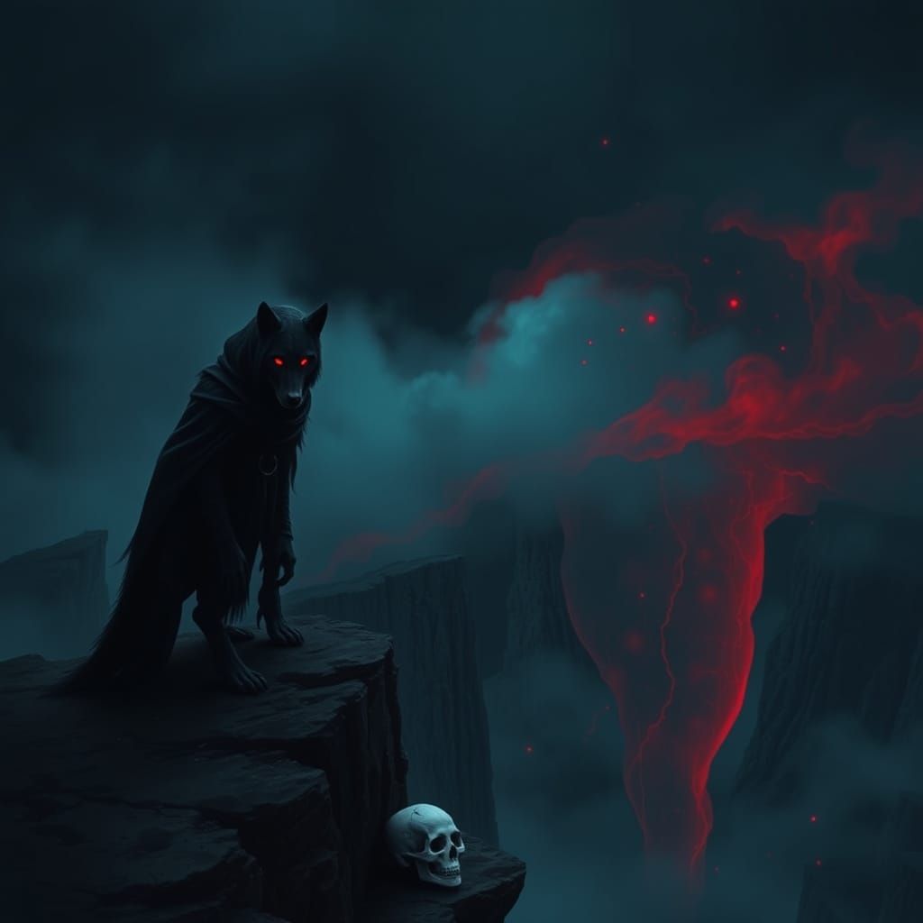 Dark Fantasy Scene with Red-Eyed Wolf and Sorceress