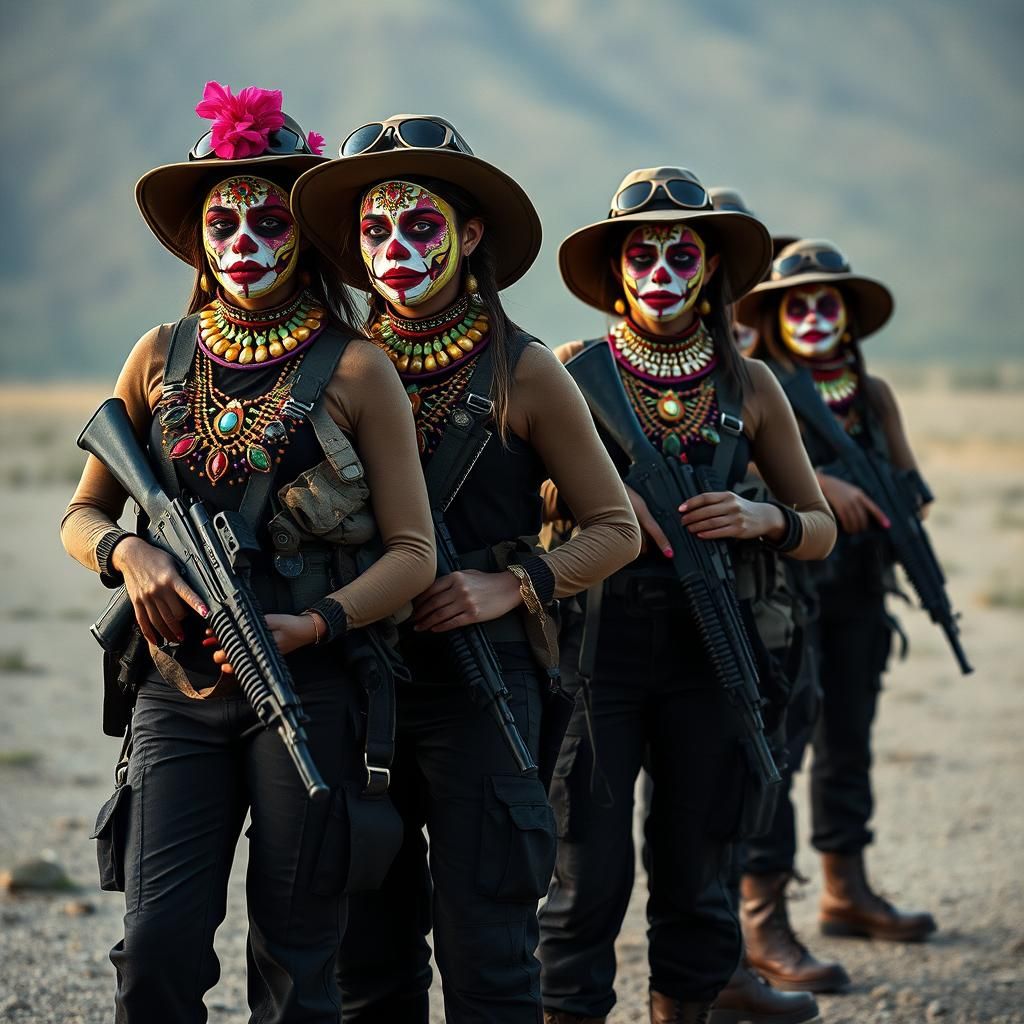 Clown Women in Military Uniforms: Cinematic Film Still