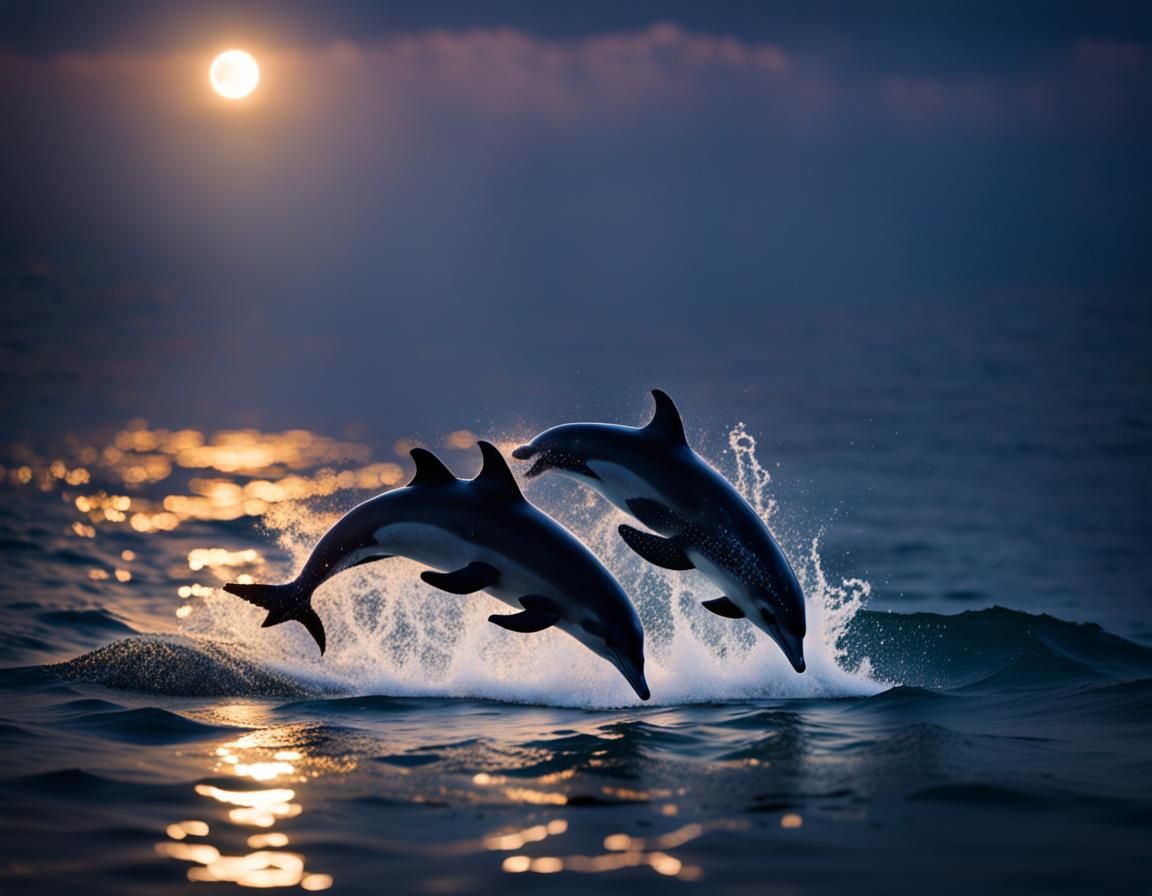 Dolphins Jumping in Night Sea Revealing Universe