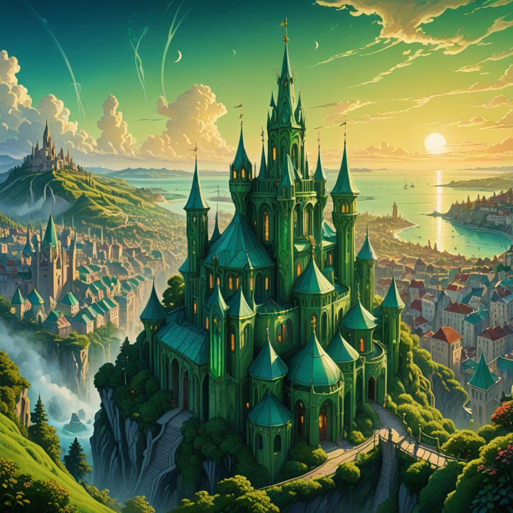 Emerald City in Vibrant Art Nouveau Style