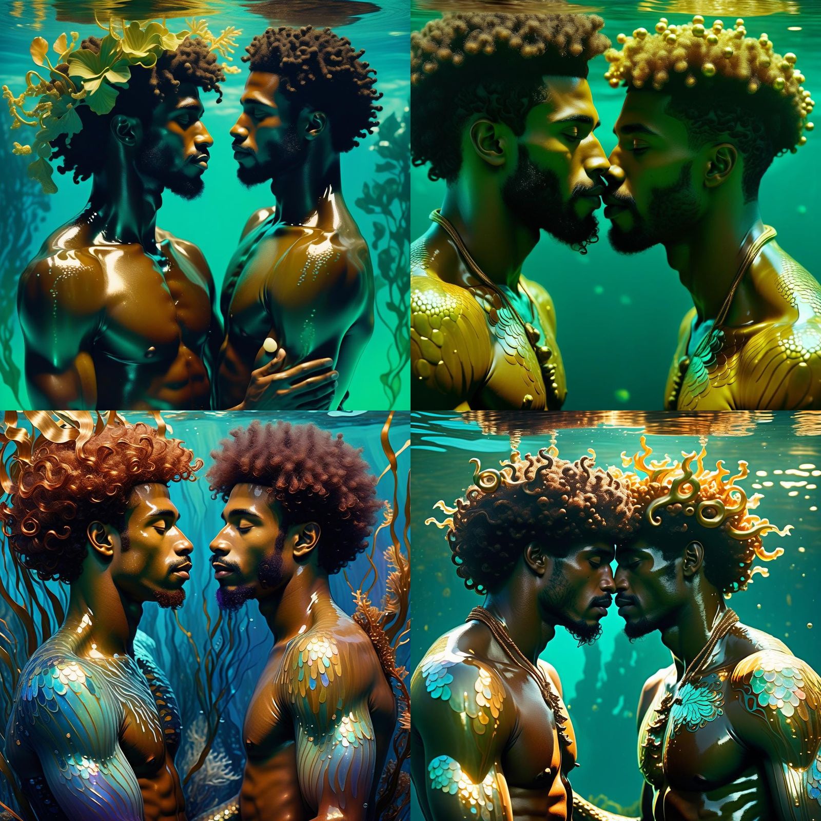 Loving Afro-Latino Mermen in Art Nouveau Style