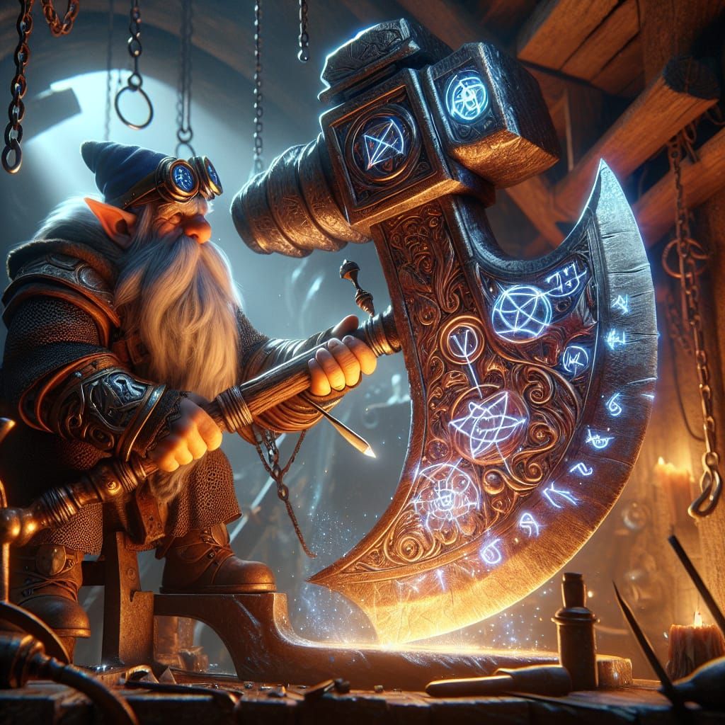 Sturdy Dwarf Inventor Crafts Arcane Wizard's Battle Axe in D...