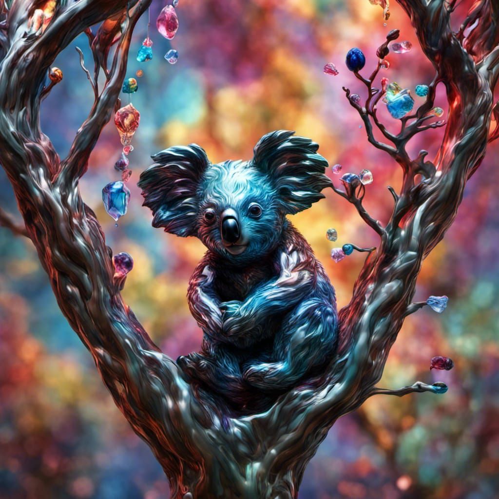Hyperrealistic Crystal Koala in Tree: Splash Art