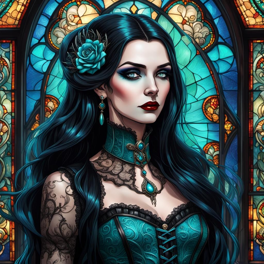 Steampunk Goth Vampire in Turquoise Gown