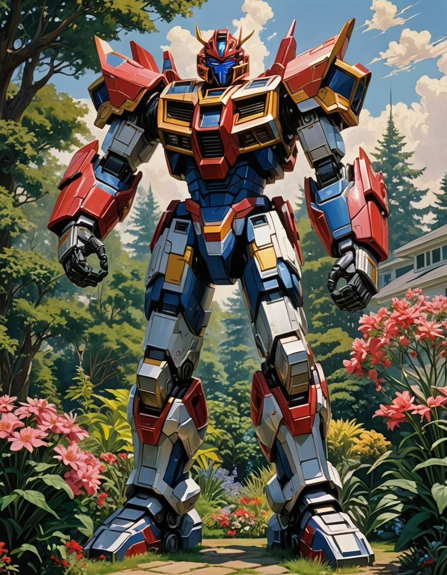 Futuristic Megazord in Garden: Leyendecker and Shinkai Style