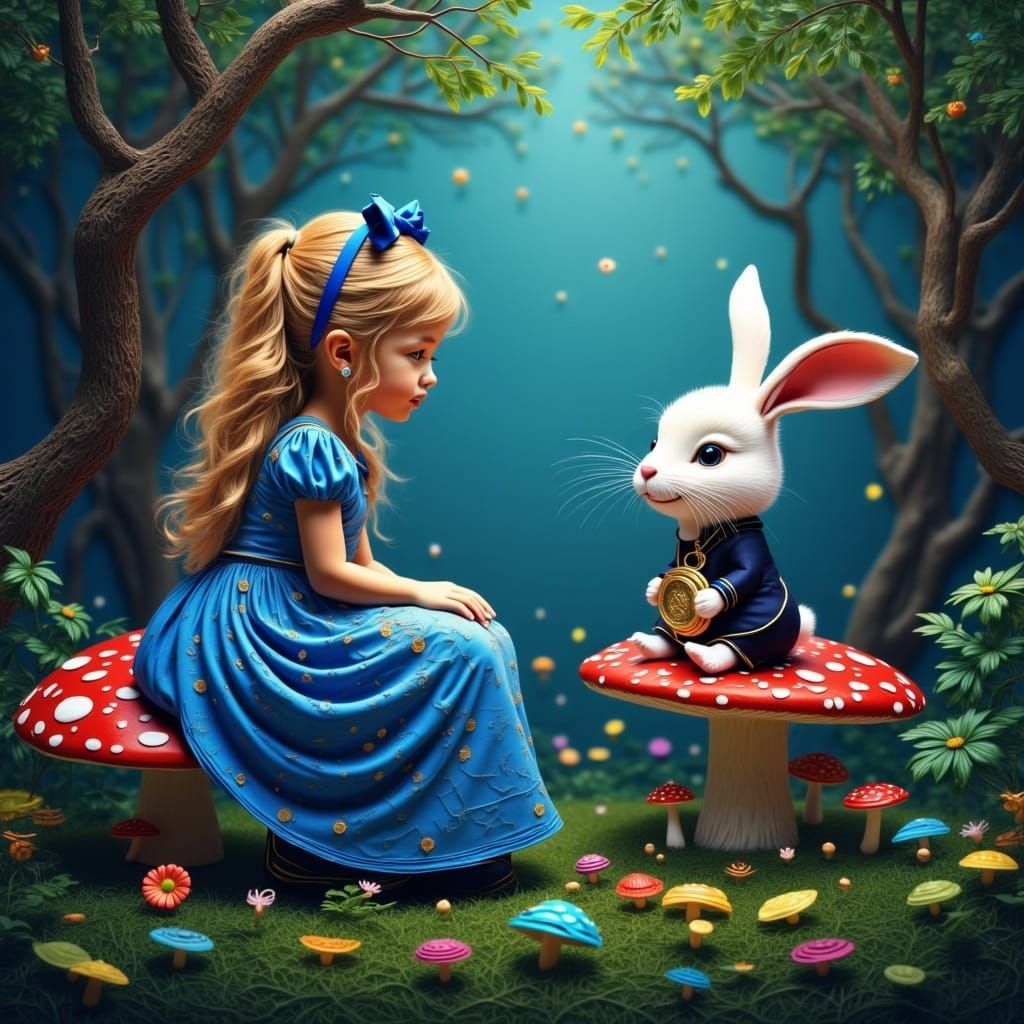 Alice and White Rabbit in Whimsical Forest