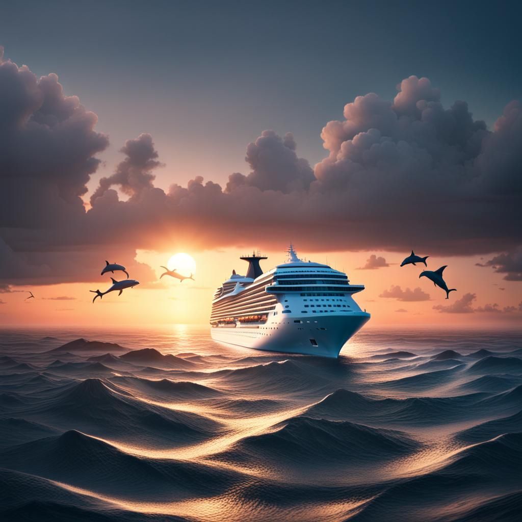 A cruise ship sailing on the atlantic ocean at dusk with dol...