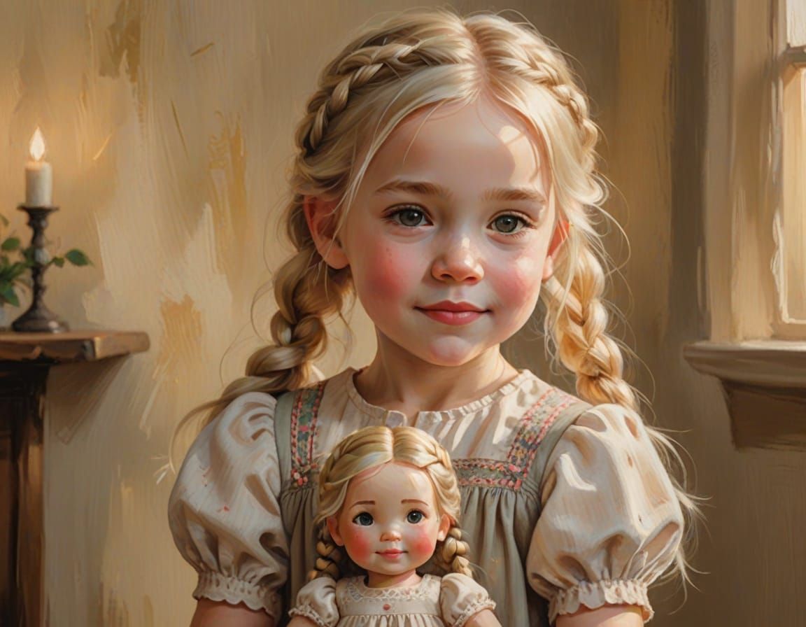 Joyful Girl with Doll in Realistic Portrait