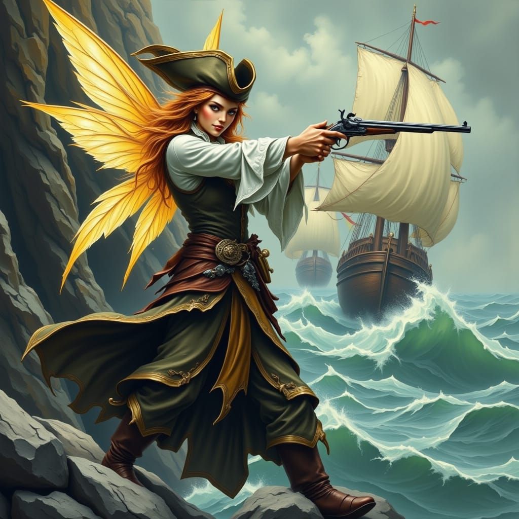 Surreal Pirate Fairy Fires Flintlock Pistol on a Sea Landsca...