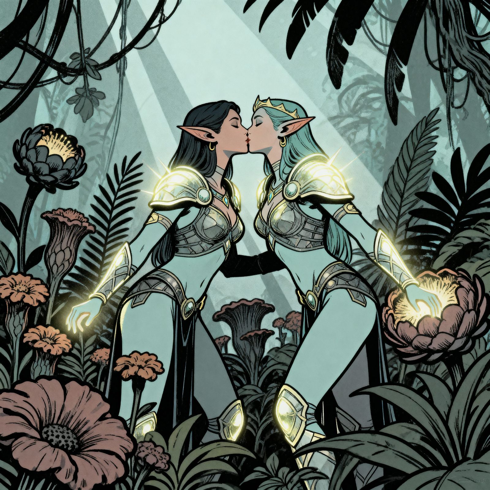 Elf Goddesses Kissing in Luminous Jungle