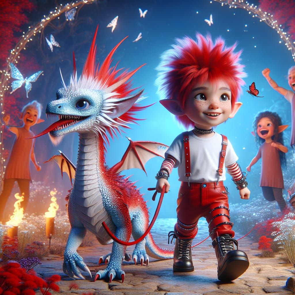 Elf Boy Leads Dragon in Fairy Forest