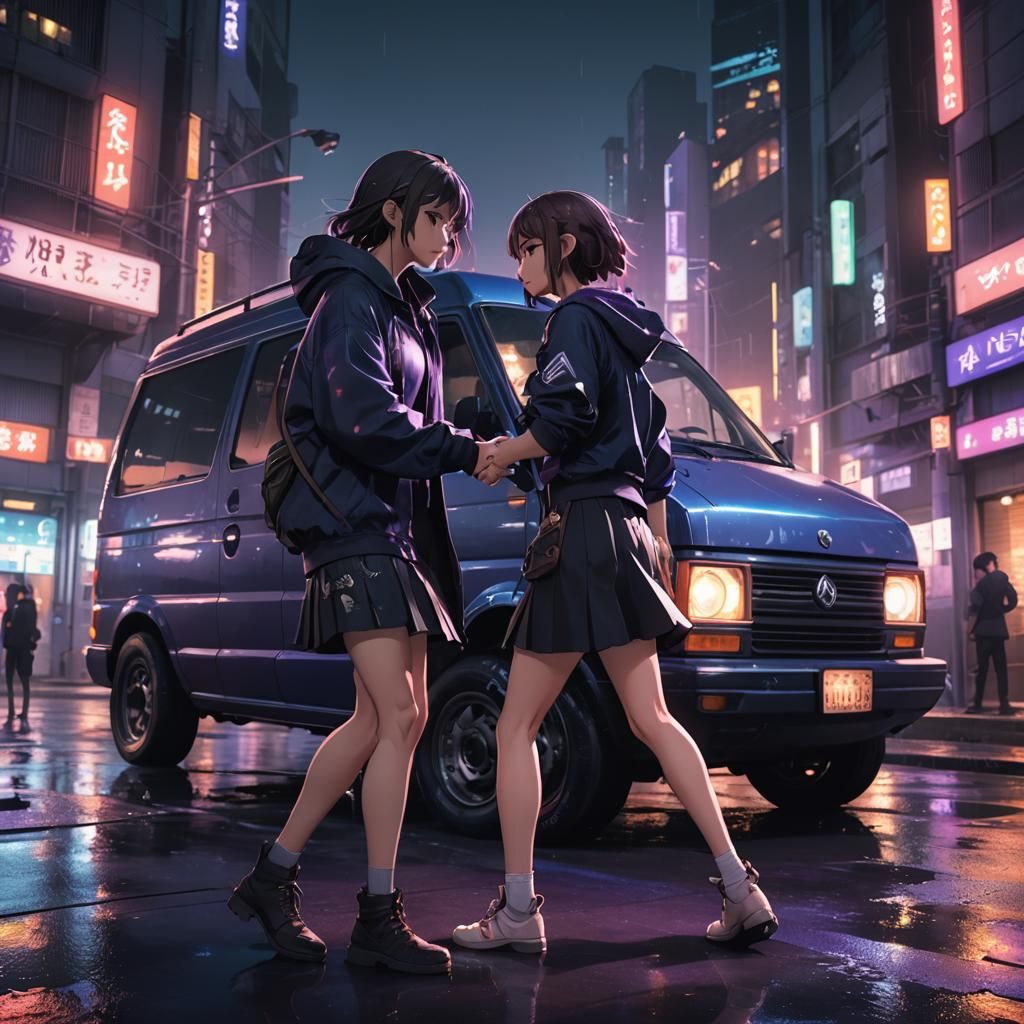 Anime Girl Kidnapping in Dark Van: 3D Render