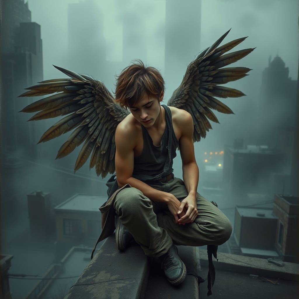 Young Man Contemplates with Angelic Wings in Cityscape
