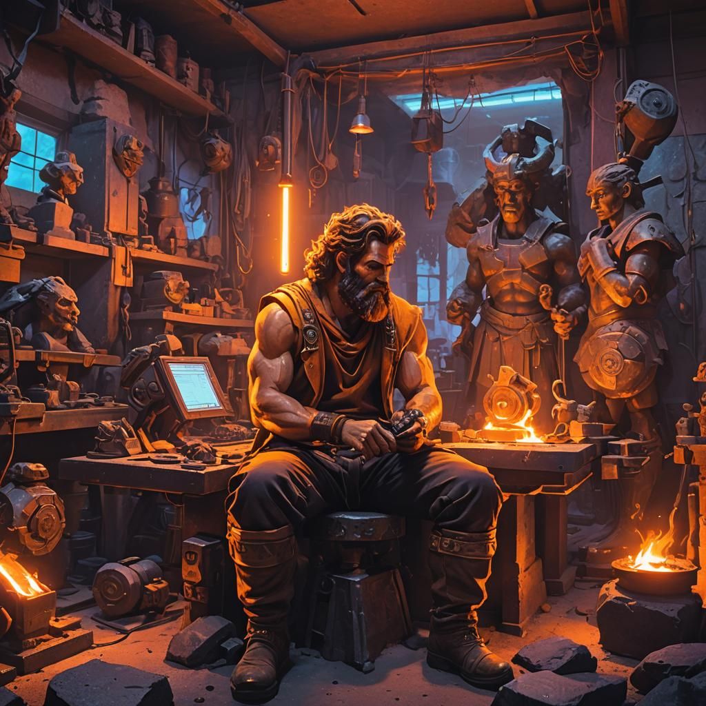 Hephaestus at Computer in Neon-Lit Workshop
