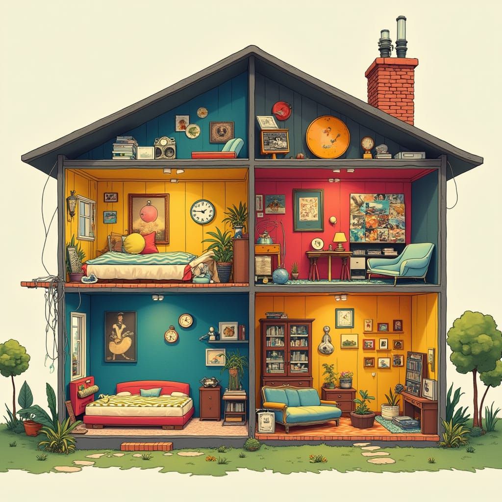 Colorful Cross-Section of House in Retro-Futuristic Style