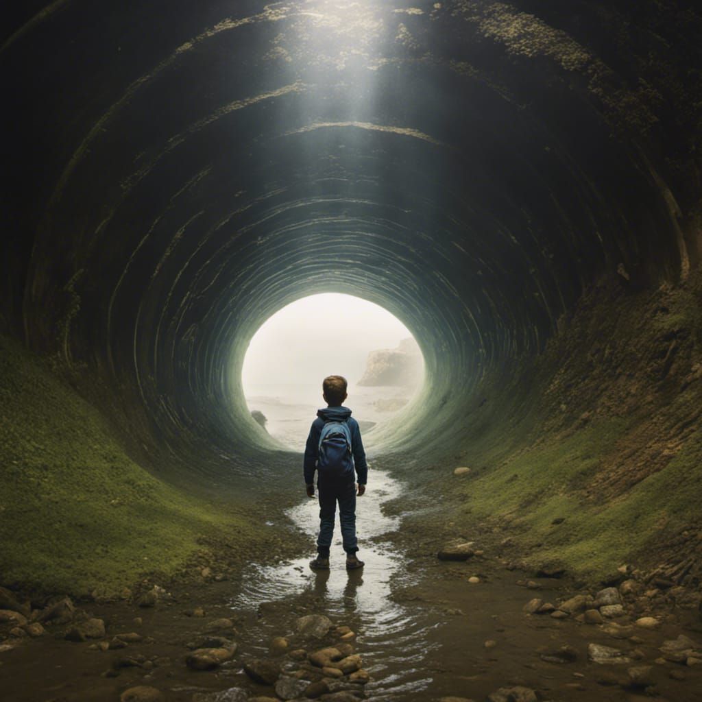 Boy Inside Tunnel, Photorealistic Style