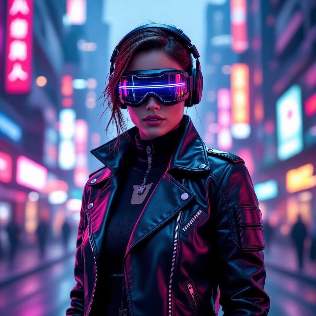 Cyber Warrior in Dystopian Sci-Fi Cityscape