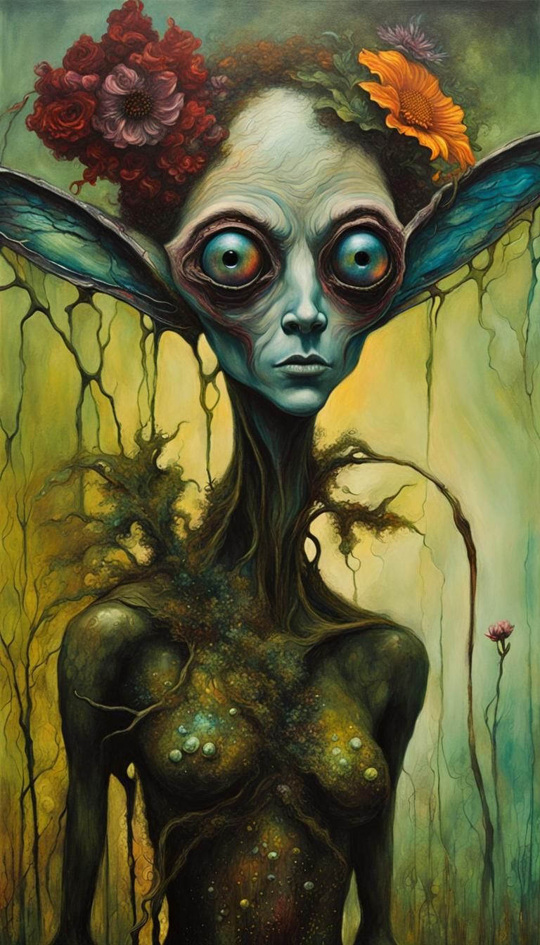 Psychedelic Alien Fey Creature in Acrylic Pour Art