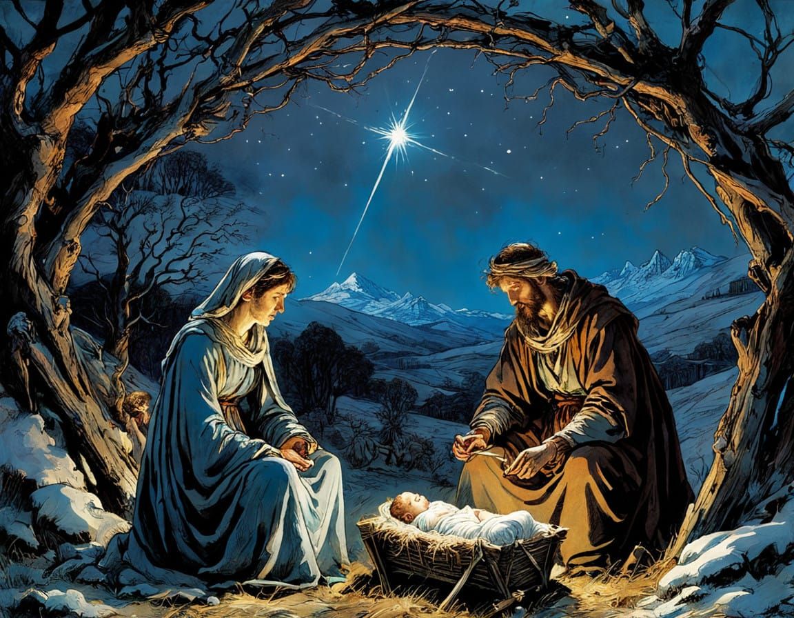 Mary and Joseph Gaze at Baby Jesus in the Manger Under Nocti...