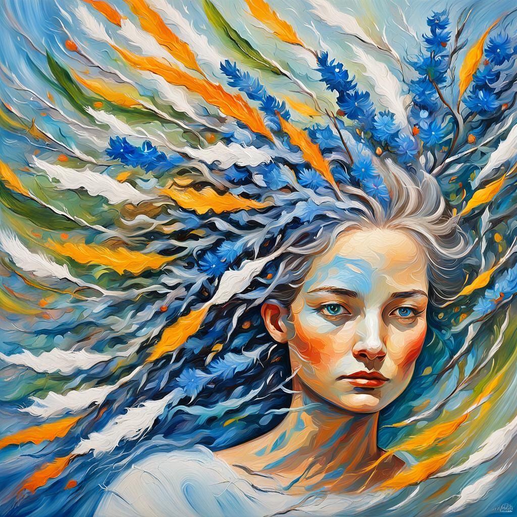 Cornflower Woman in Birch Chariot: Impasto Oil Painting