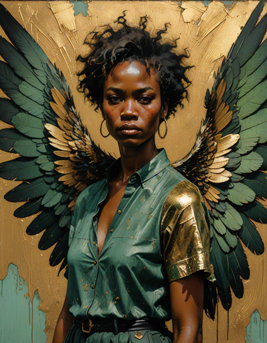 Majestic Black Winged Goddess in Verdigris and Gold