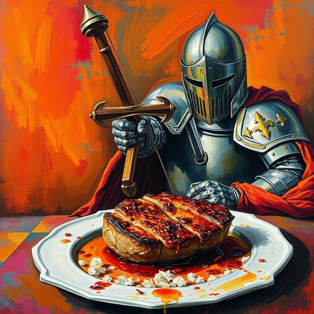 Knight Aims Crossbow at Sizzling Cutlet in Impasto Style