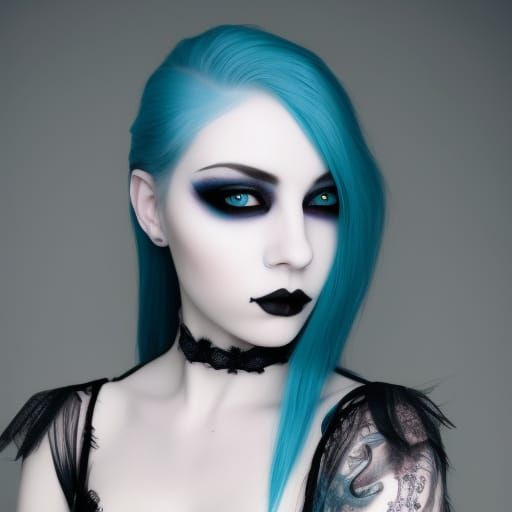 Gothic young lady with blue hair& green eyes& gothic makeup& porcelain white complexion& oval shaped face& small round n...