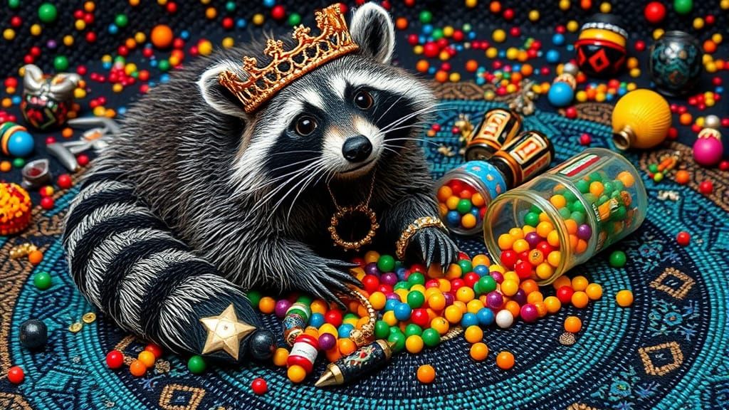 Raccoon King of Beaded Chaos in Beadwork Style