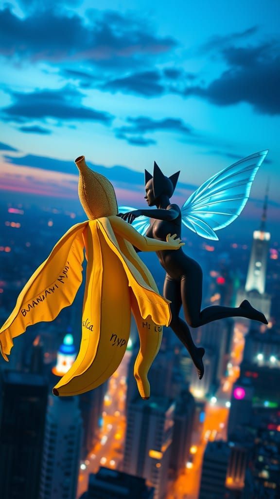 Banana and Origami-Winged Figures Duel Above Neon City