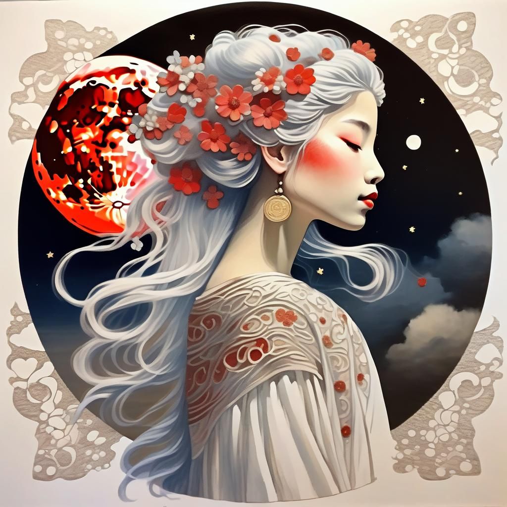Ethereal Wood-Skinned Princess Watching the Red Moon