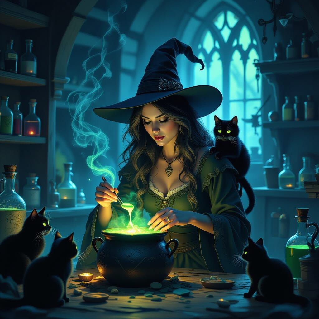 Witch Brewing Potions with Fearful Black Cats in Dark Fantas...
