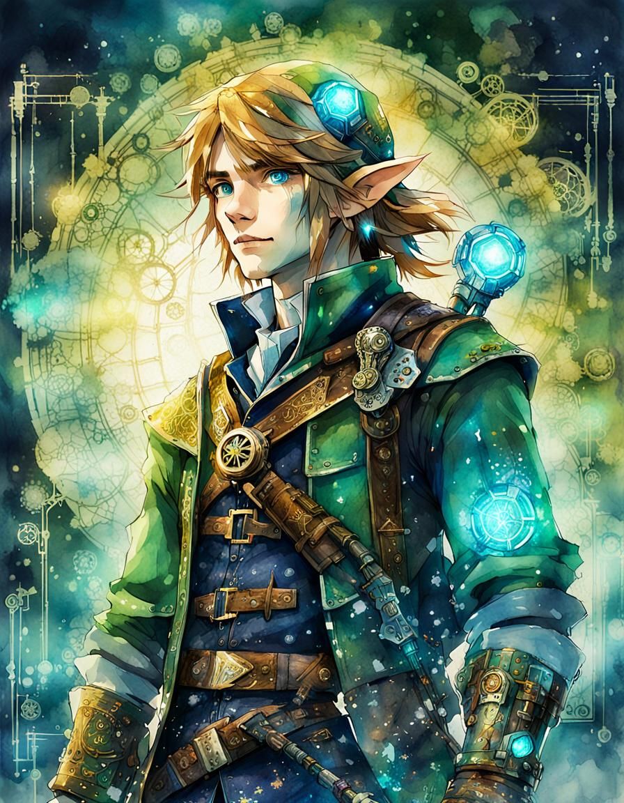 Steampunk Zelda Hero in Digital Watercolor