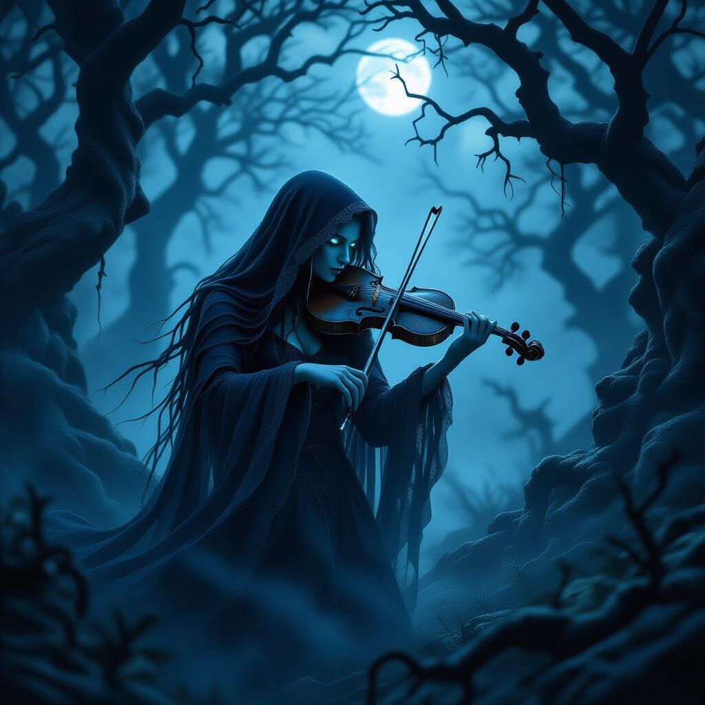 Spectral Violinist in Misty Gothic Forest