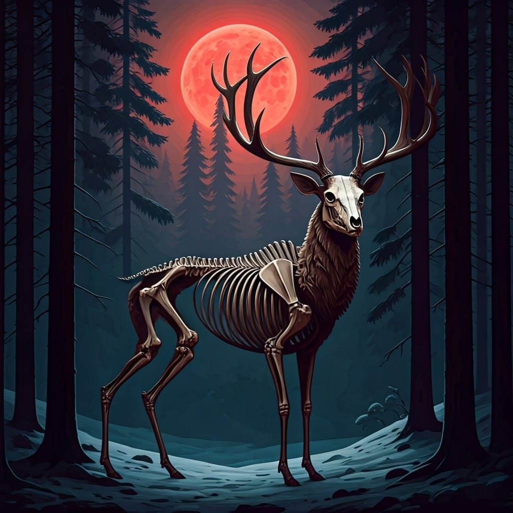 Creepy Winter Pine Forest with Deer Skeleton