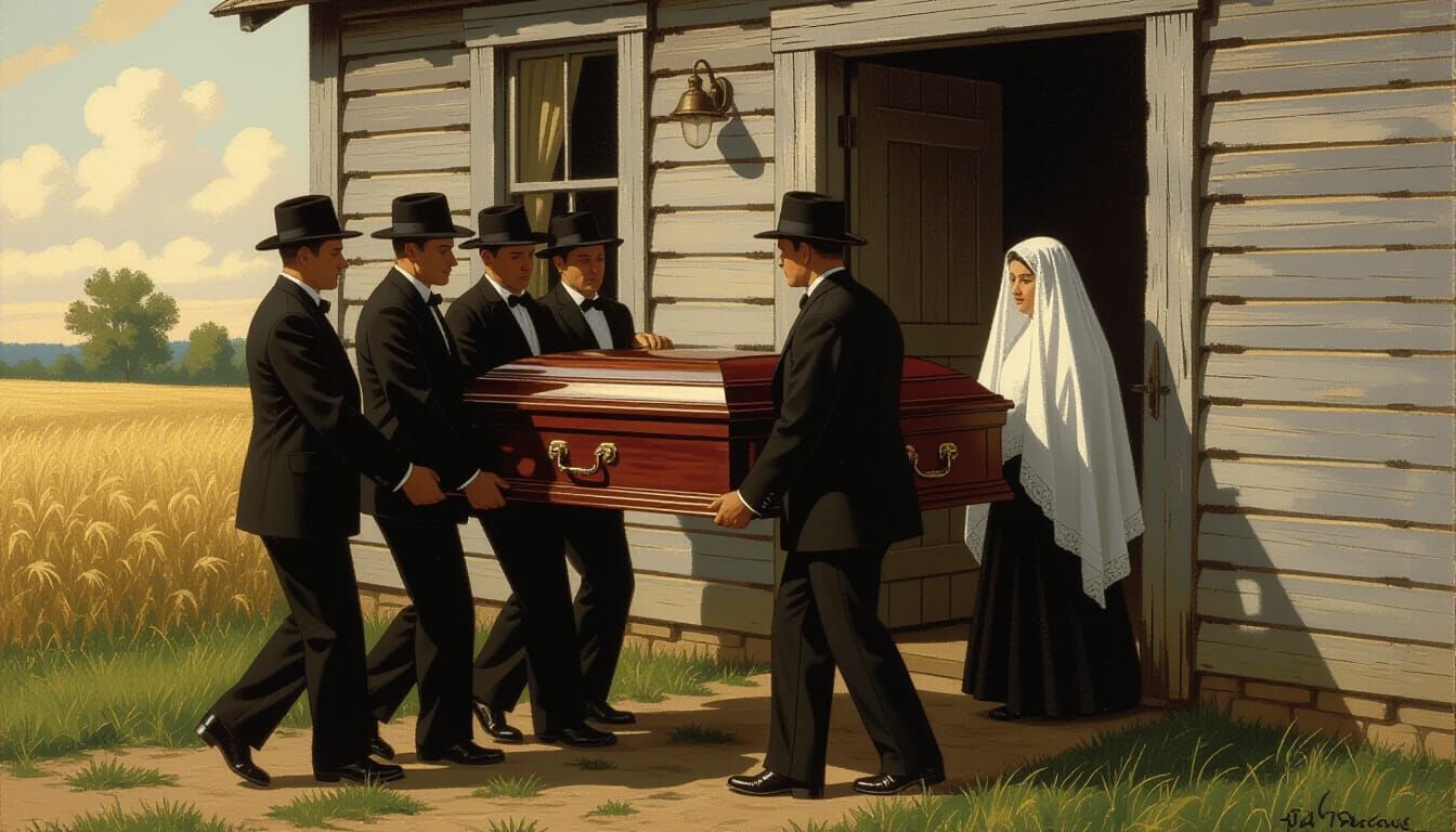 Pallbearers Deliver Casket in Social Realism Style