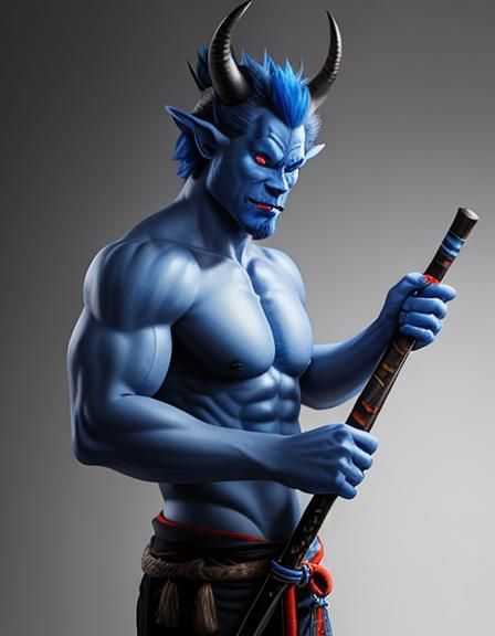 Blue Oni with Kanabo: A Japanese Folklore Illustration