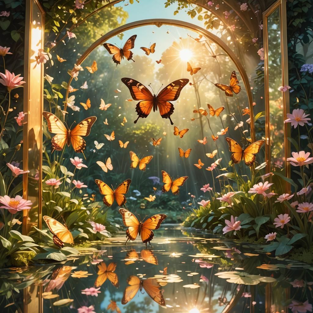 Mechanical Butterflies Reflecting Golden Garden: Concept Art