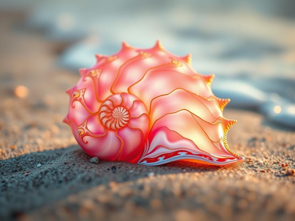 Glowing Fractal Nautilus Shell on Beach