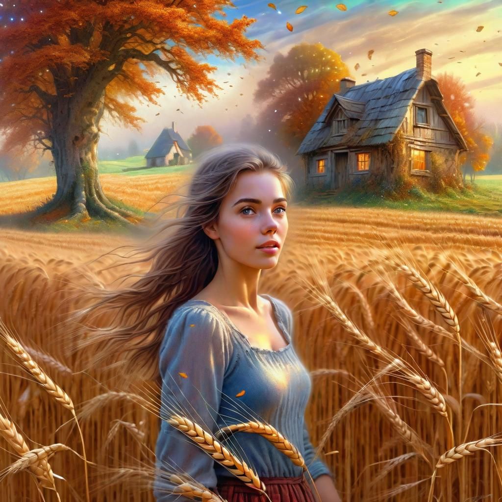 Ethereal Autumn: Woman in Wheat Field Landscape
