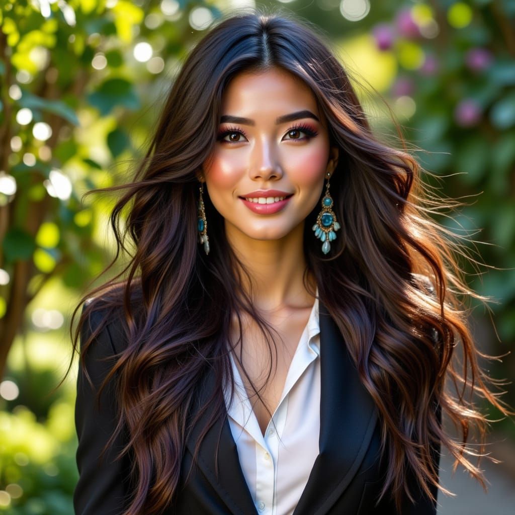 Elegant Woman in Sunlit Garden, Modern Home