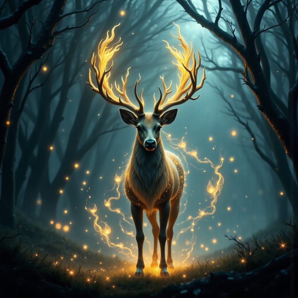 Majestic Reindeer with Glowing Antlers in Misty Forest