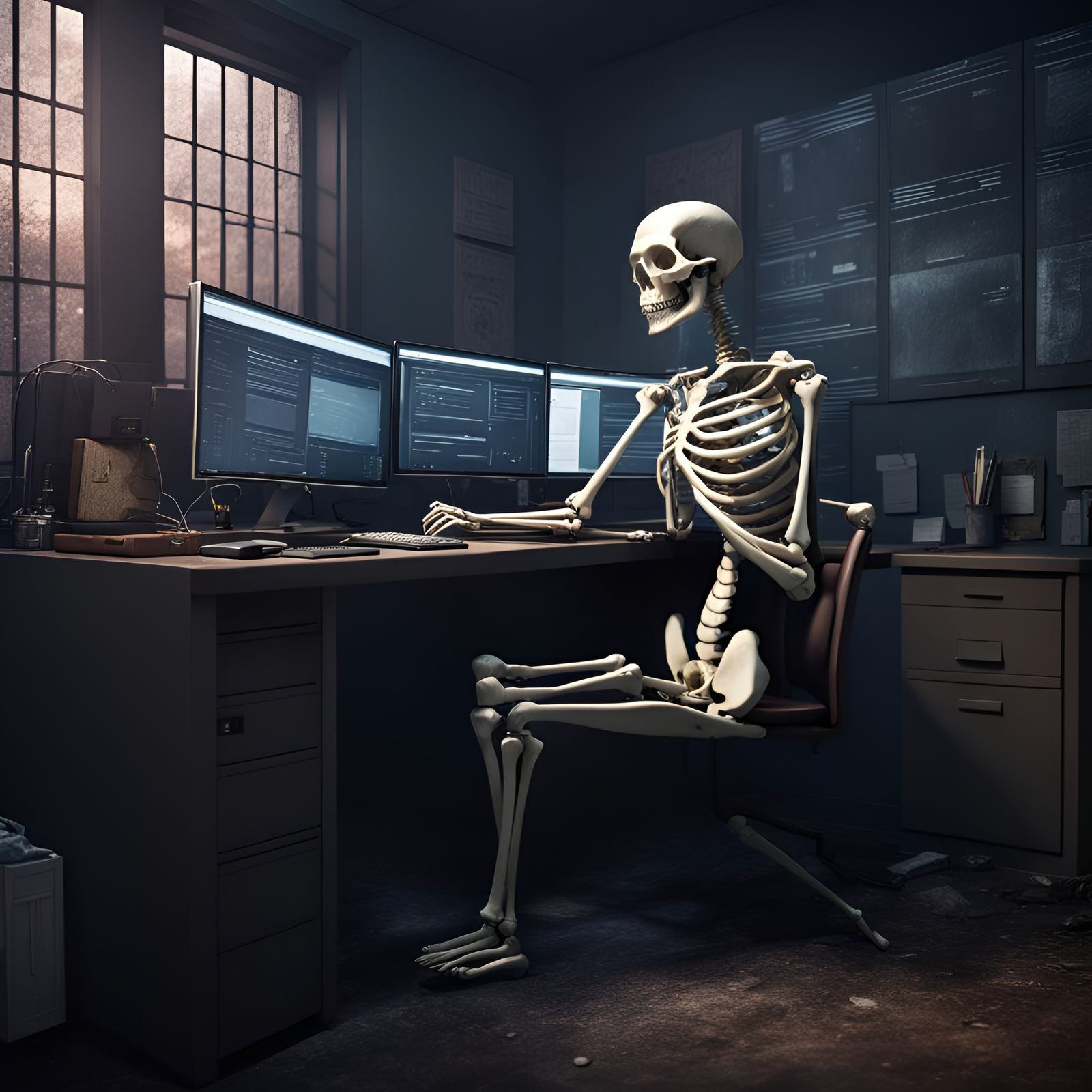 Skeleton Working at Computer in Office Cubicle