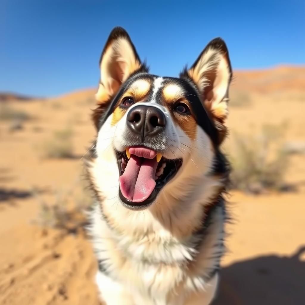 A Husky dog sweating and panting in a hot desert.