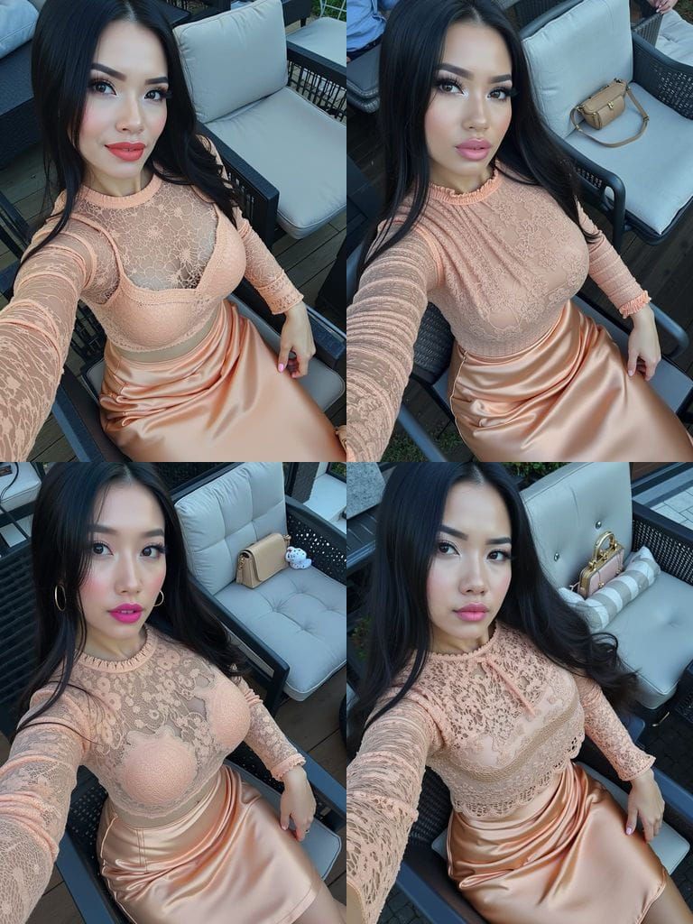 Stylish Woman Takes Outdoor Selfie in Peach Lace Top