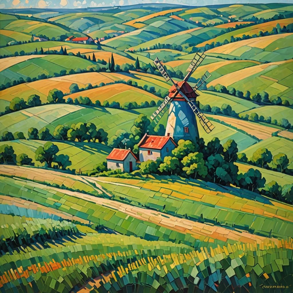 Hungarian Windmill: Neo-Impressionist Oil Painting