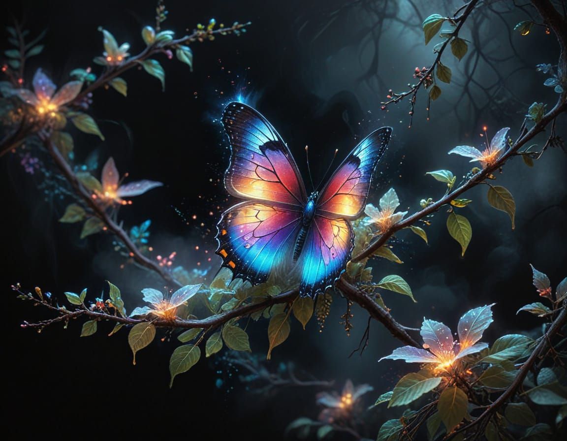 Ethereal Butterfly on Branch in Pastel Neon Rainbow Glow