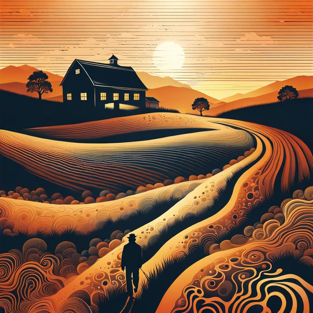 Lonely Man Walks to Farm at Sunset